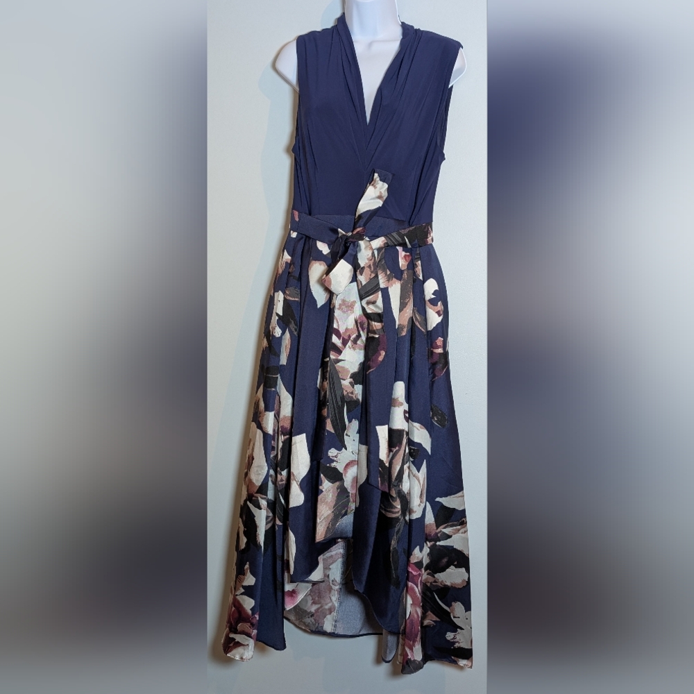 Petite Cocktail Dress with High-Low Floral Printed Mikado Silk Skirt With Pocket